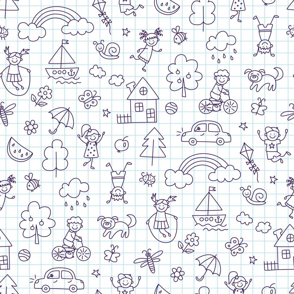 Seamless pattern with doodle children, house, summer, sun. Hand drawn funny little kids play, run and jump. Cute children drawing. Vector illustration in doodle style on squared notebook background