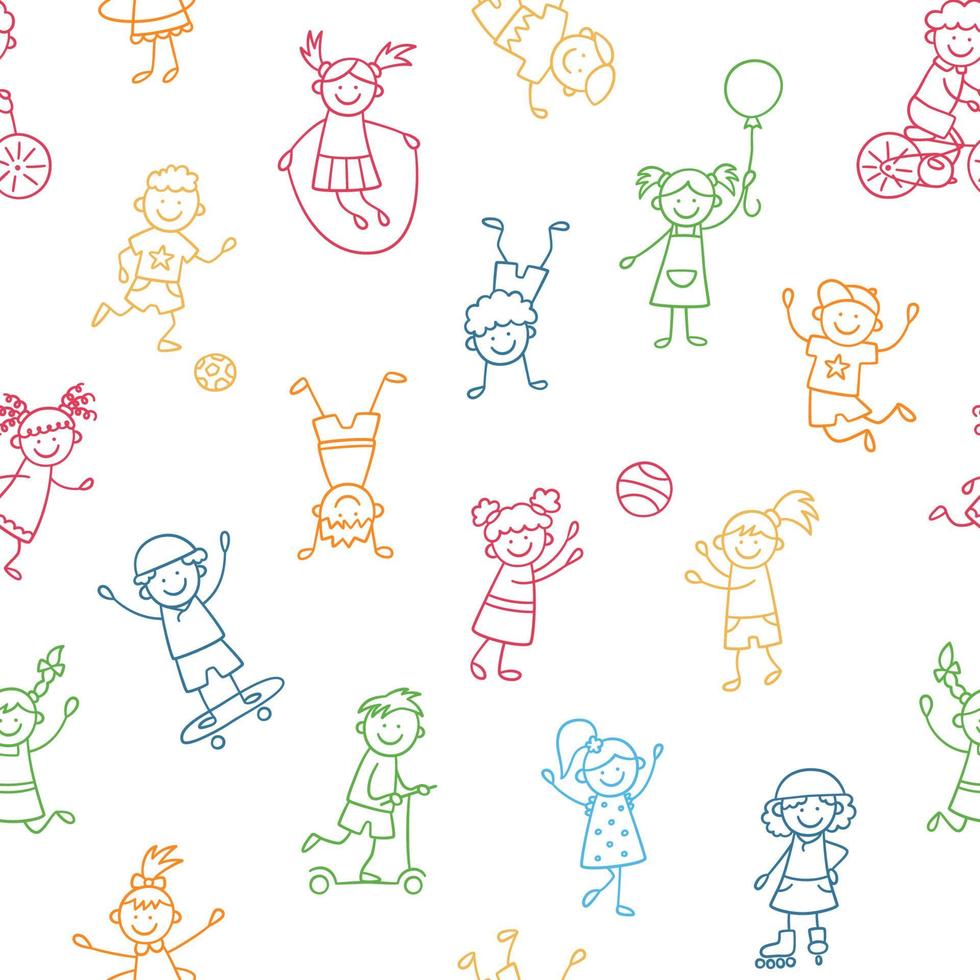 Seamless pattern with doodle children. Hand drawn funny little kids play, run and jump. Color cute children crayon drawing. Vector illustration in doodle style on white background