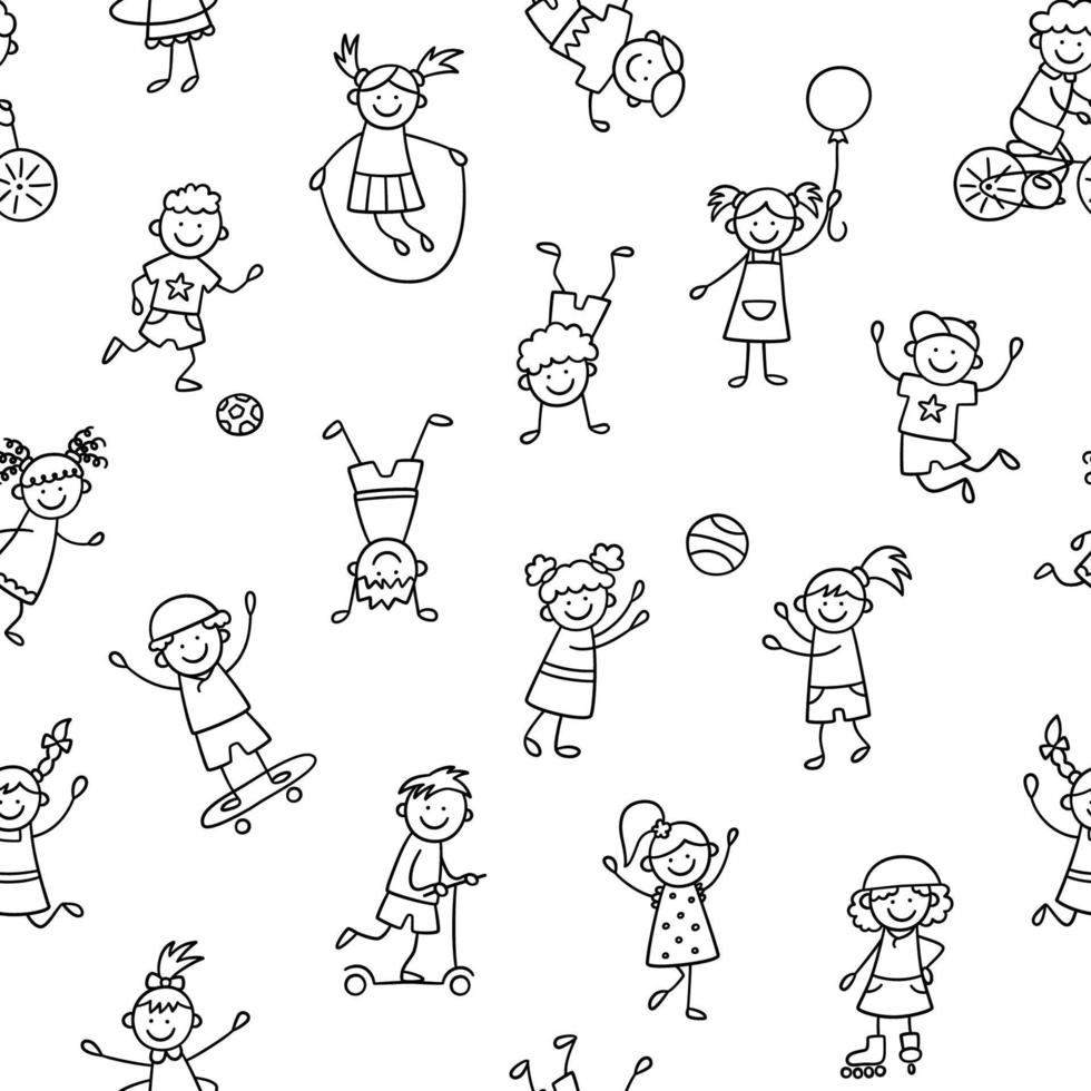 patrón sin fisuras con los niños de doodle. niños pequeños divertidos dibujados a mano juegan, corren y saltan. niños lindos dibujando. ilustración vectorial en estilo doodle sobre fondo blanco vector