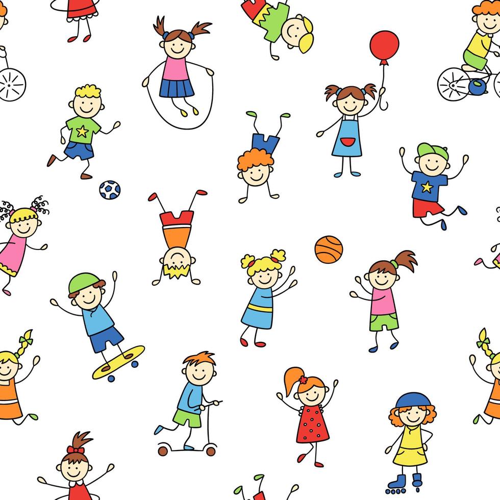 Seamless pattern with doodle children. Hand drawn funny little kids play, run and jump. Color cute children drawing. Vector illustration in doodle style on white background