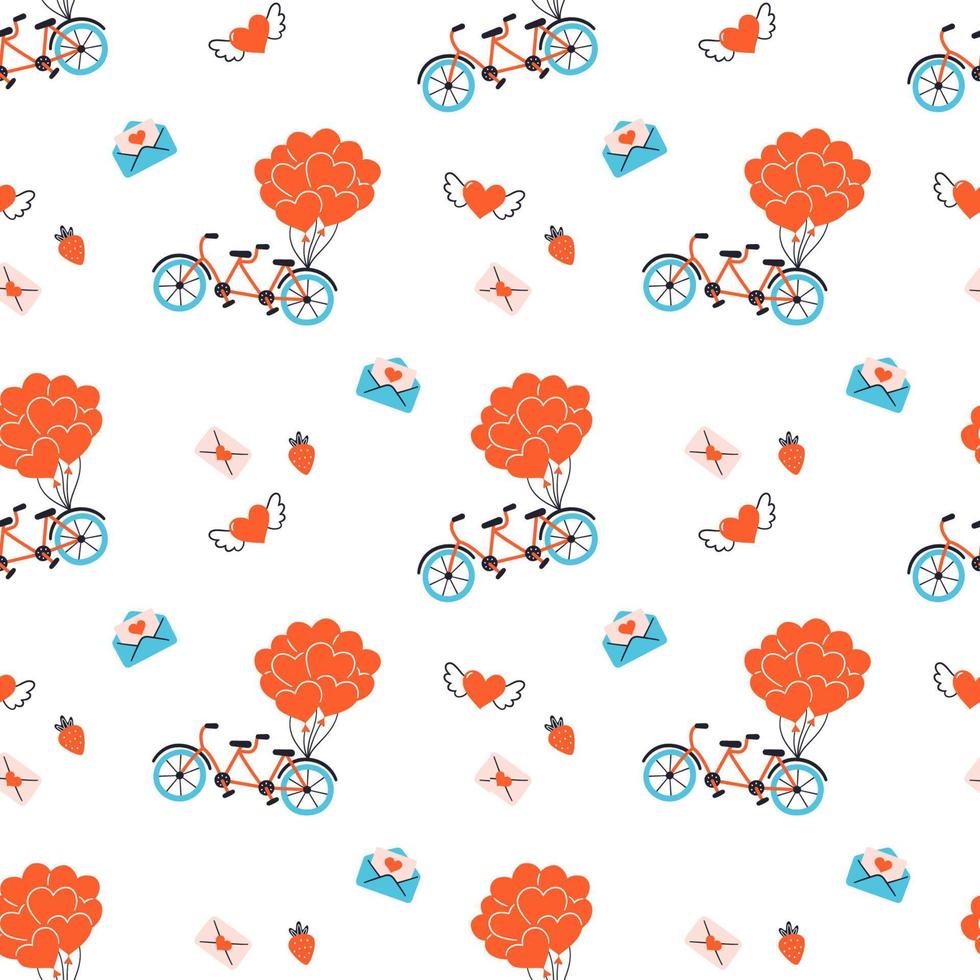 textura del día de San Valentín. de patrones sin fisuras con corazones, bicicletas tándem y sobres de correo. boda de patrones sin fisuras. símbolo de amor. Ilustración de vector dibujado a mano sobre fondo blanco