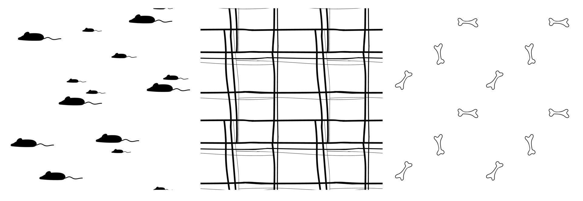 Set of repeat hand drawn seamless patterns of grid, mice, bones, dogs vet background. Line art vector illustration in black, white colors
