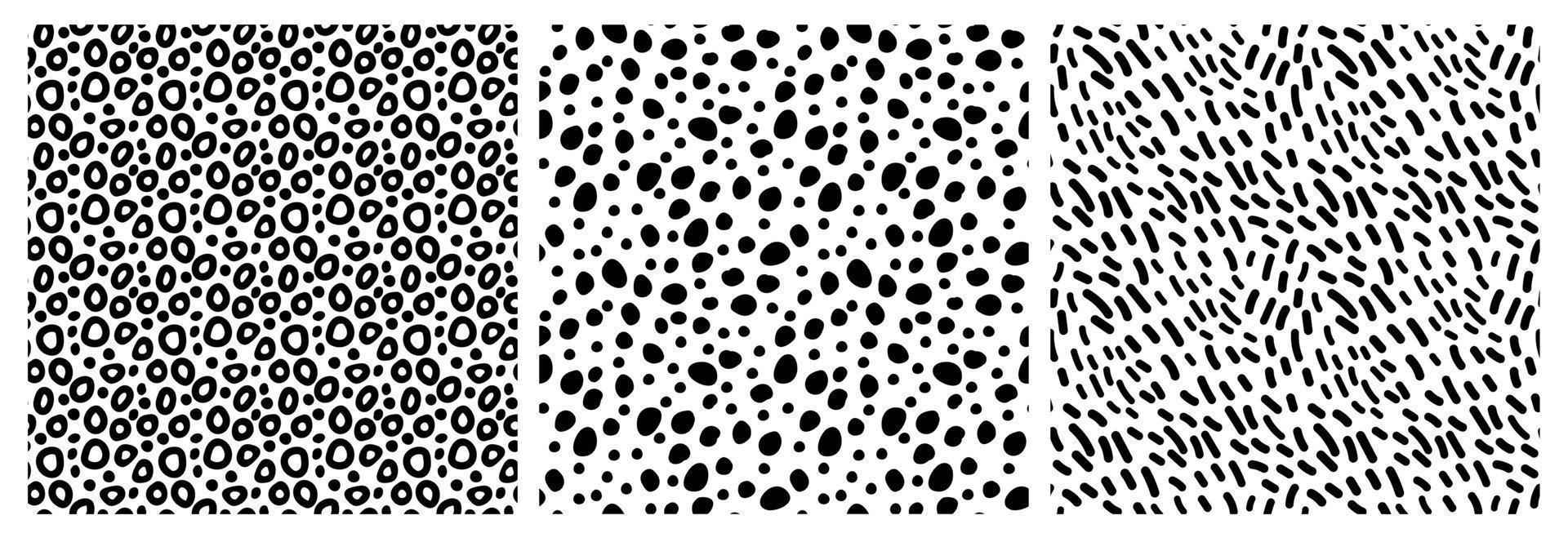 conjunto de patrones sin fisuras abstractos monocromos de burbujas, puntos, líneas dibujadas a mano. ilustración vectorial en blanco con círculos negros, formas de puntos vector