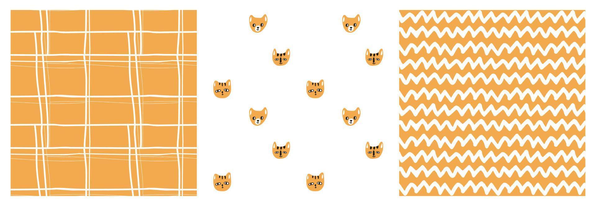 Set of cute abstract and cats heads animals childish seamless patterns. Collection of Vector hand drawn illustrations in black and mustard colors on white background