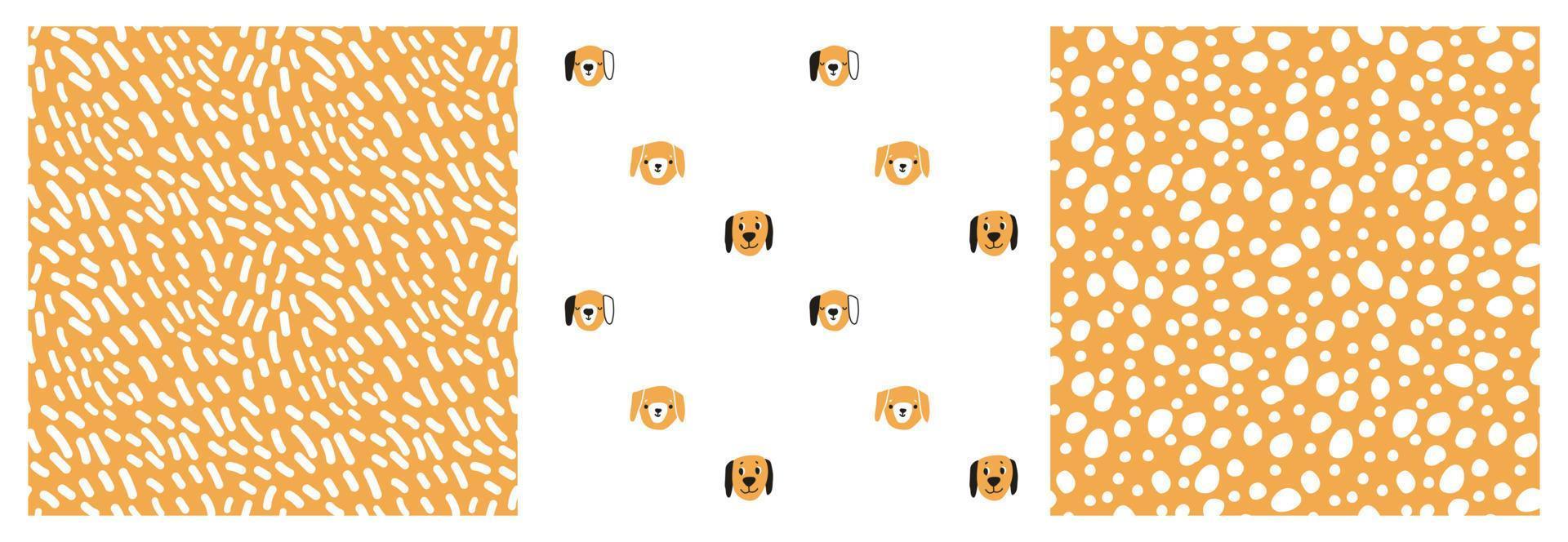 Set of cute funny abstract dots, lines and dogs heads animals hand drawn childish seamless patterns. Vector yellow or mustard illustrations on white background