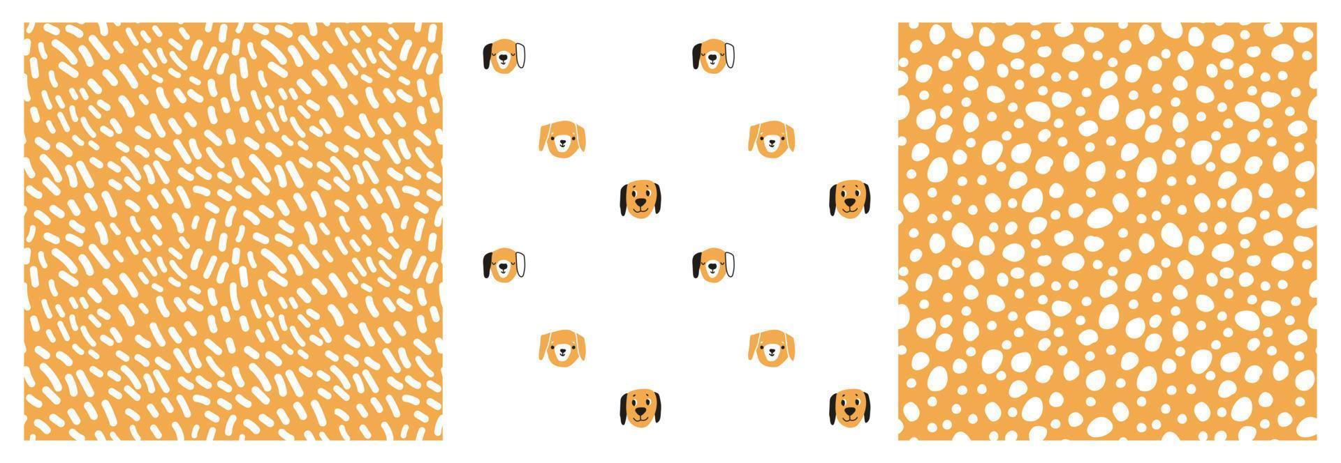 Set of cute funny abstract dots, lines and dogs heads animals hand drawn childish seamless patterns. Vector yellow or mustard illustrations on white background