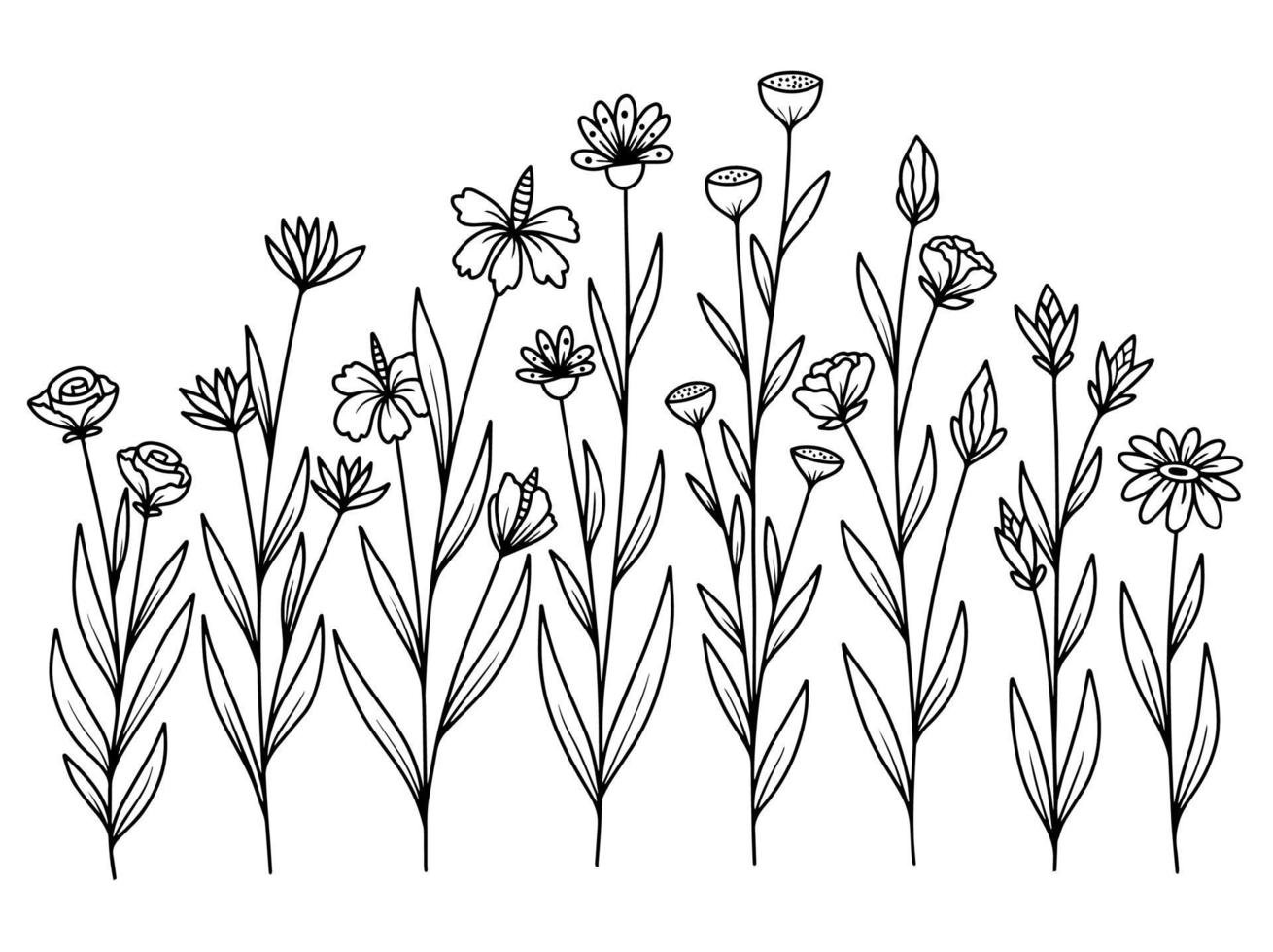 Set of botanical leaf with hand drawn line art flower vector