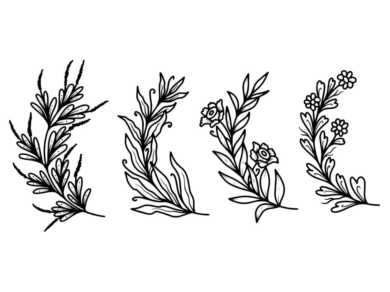 Set of botanical leaf with hand drawn line art flower vector