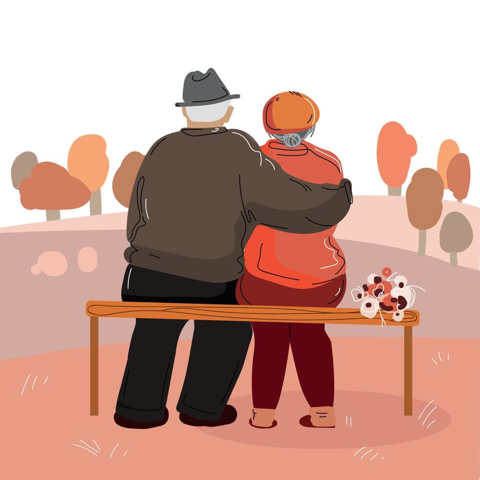 parque de pareja de ancianos. ancianos abuelo abuela sentada en un banco anciana familia mirando el paisaje. fechar a los ancianos. ilustración vectorial en estilo moderno vector