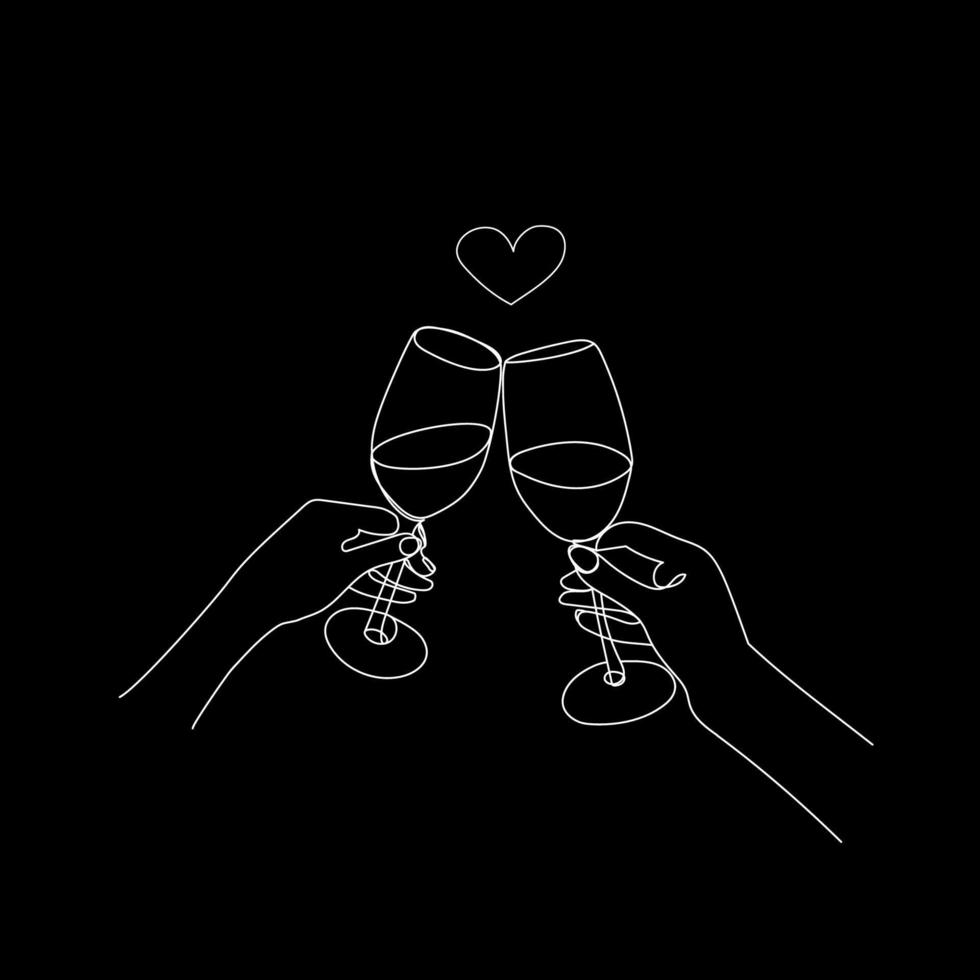 dos copas de vino u otra bebida en las manos de un brindis, creando un toque sobre un fondo negro. dibujo a mano de copas de vino con corazón. Esquema minimalista style.vector ilustración. vector