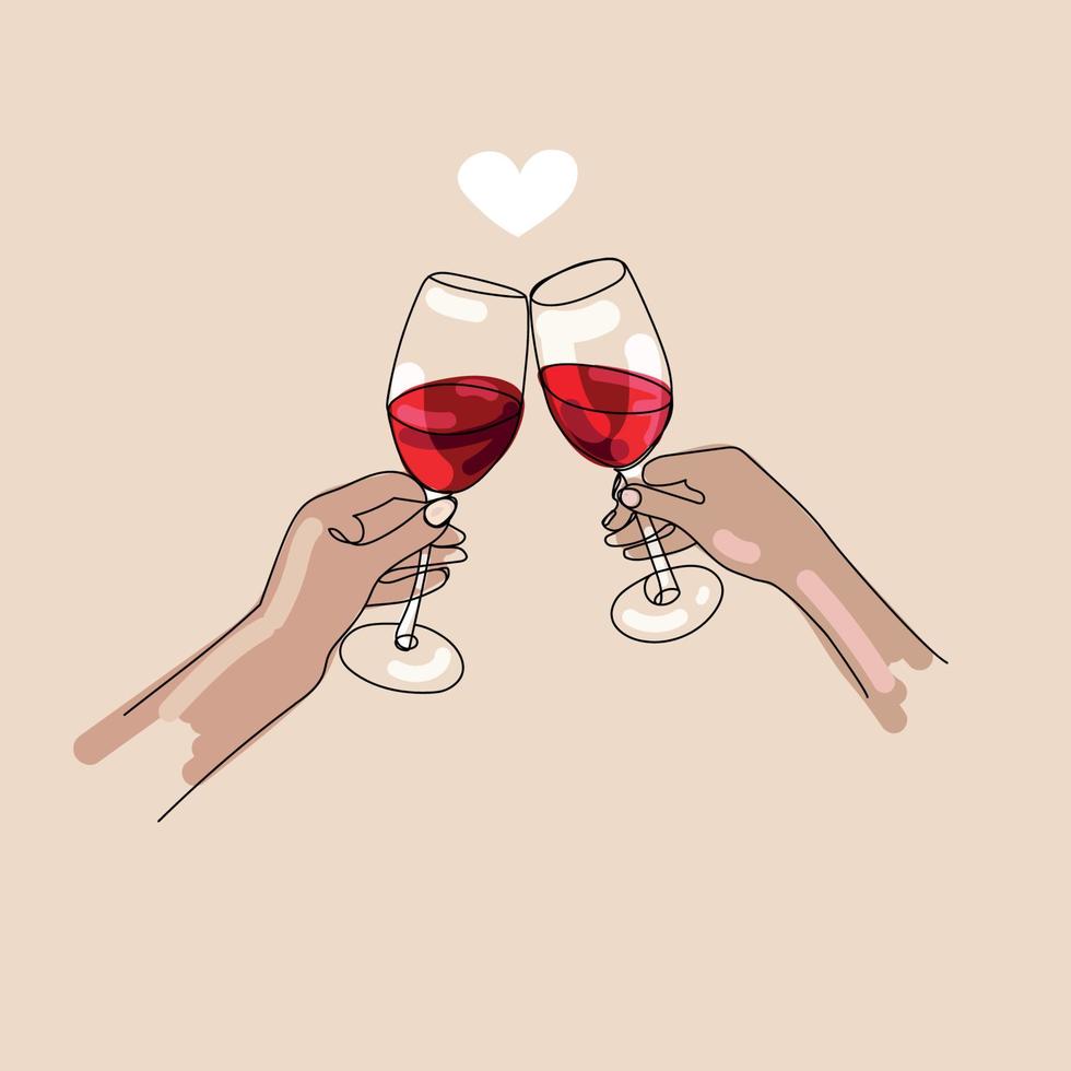 Hands clink glasses with red wine, vector illustration in sketch style. Glasses of wine on a beige pastel background with hearts.