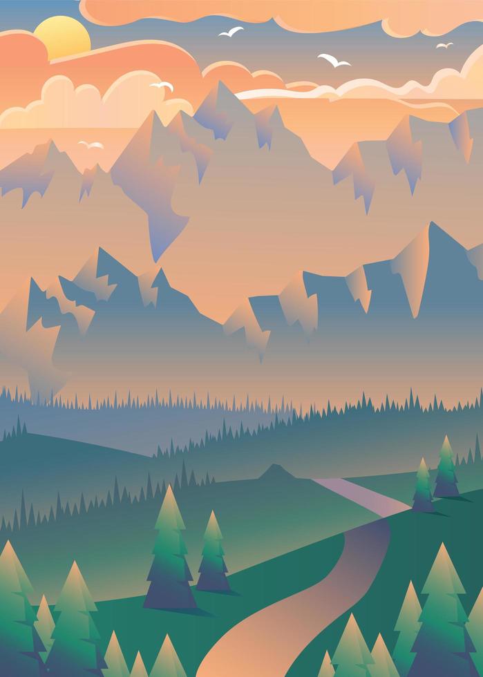 puesta de sol en la ilustración de vector de bosque