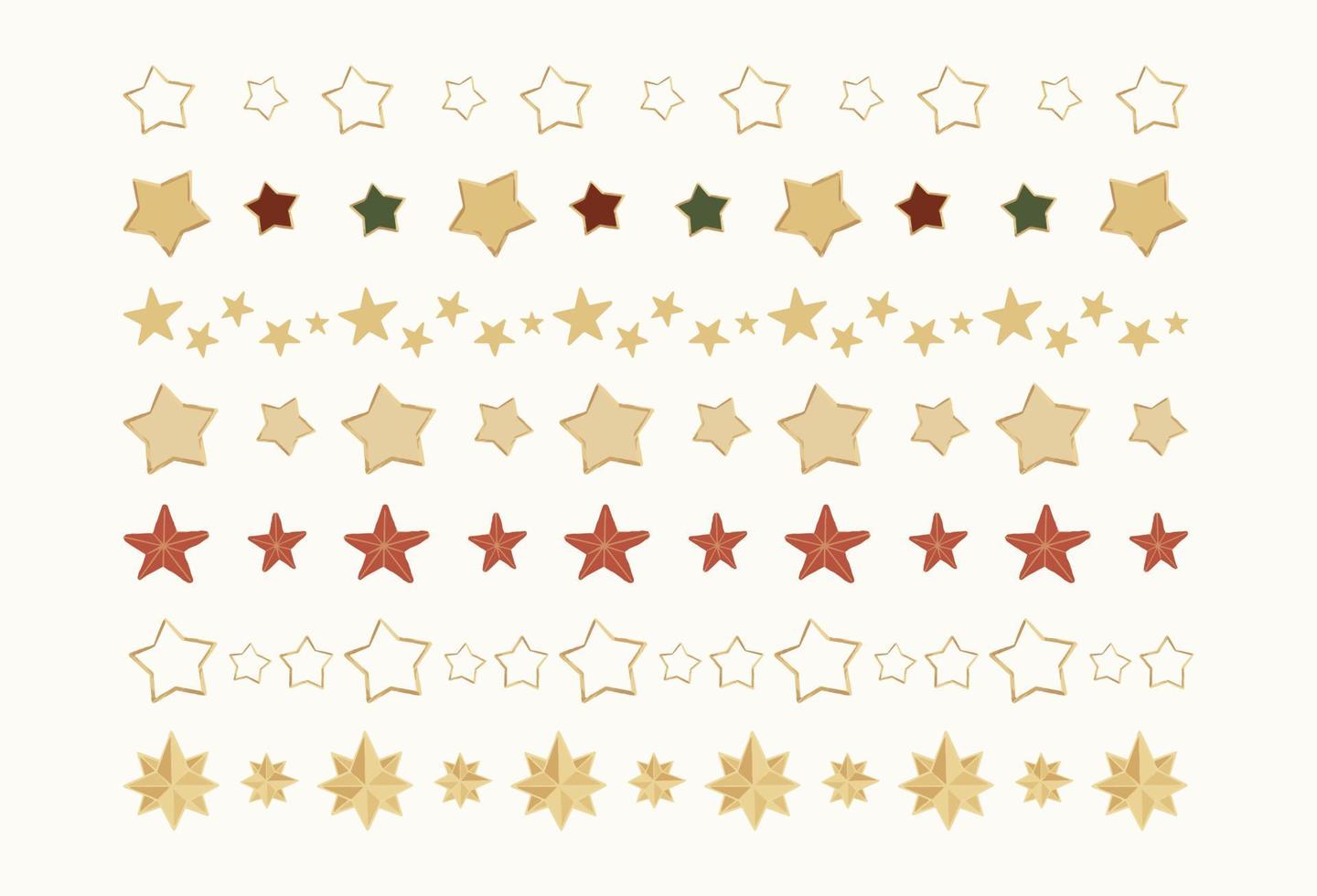 conjunto de separadores de estrellas doradas dibujadas a mano. colección aislada del ornamento de los destellos del doodle de la Navidad. lindo patrón repetitivo femenino para cinta washi, cinta, papelería zakka, impresión. ilustración vectorial. vector