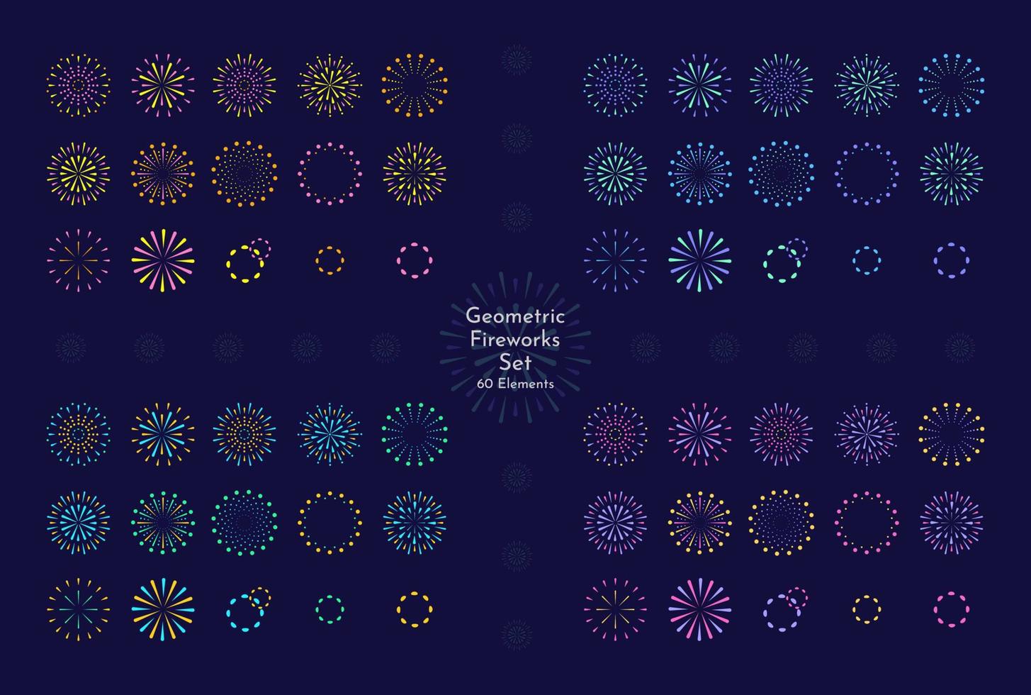 conjunto de fuegos artificiales planos geométricos de diferentes colores vector