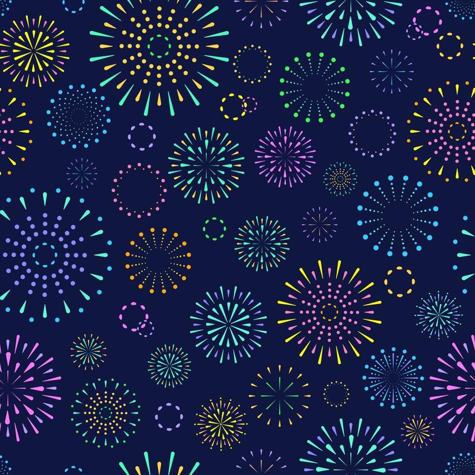 Seamless pattern with flat geometric Japanese style round fireworks. Gorgeous abstract fireworks on dark blue background, Japanese pattern for print, fabric, background. vector