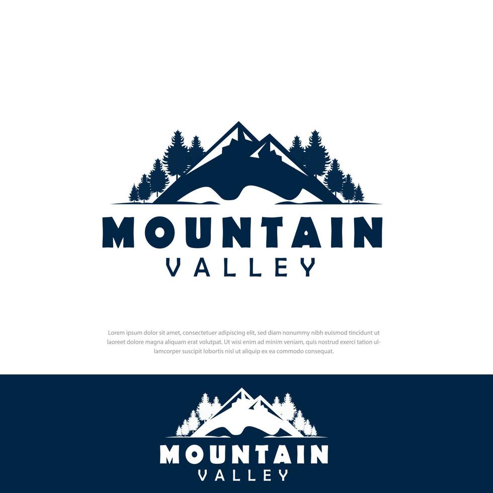 logo de montaña y pino naturaleza aventura, camping y valle vector