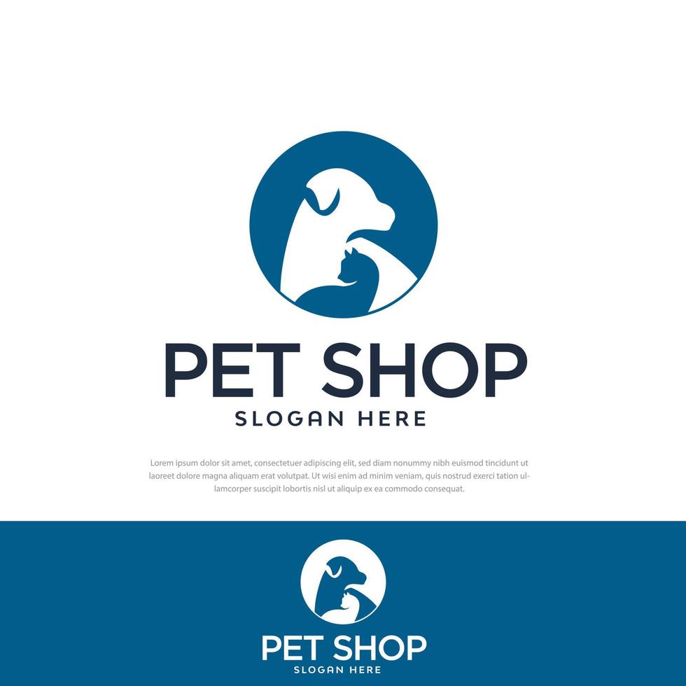 Diseño de logotipo de perro y gato en círculo, plantilla de logotipo de tienda de mascotas, emblema, símbolo, icono vector