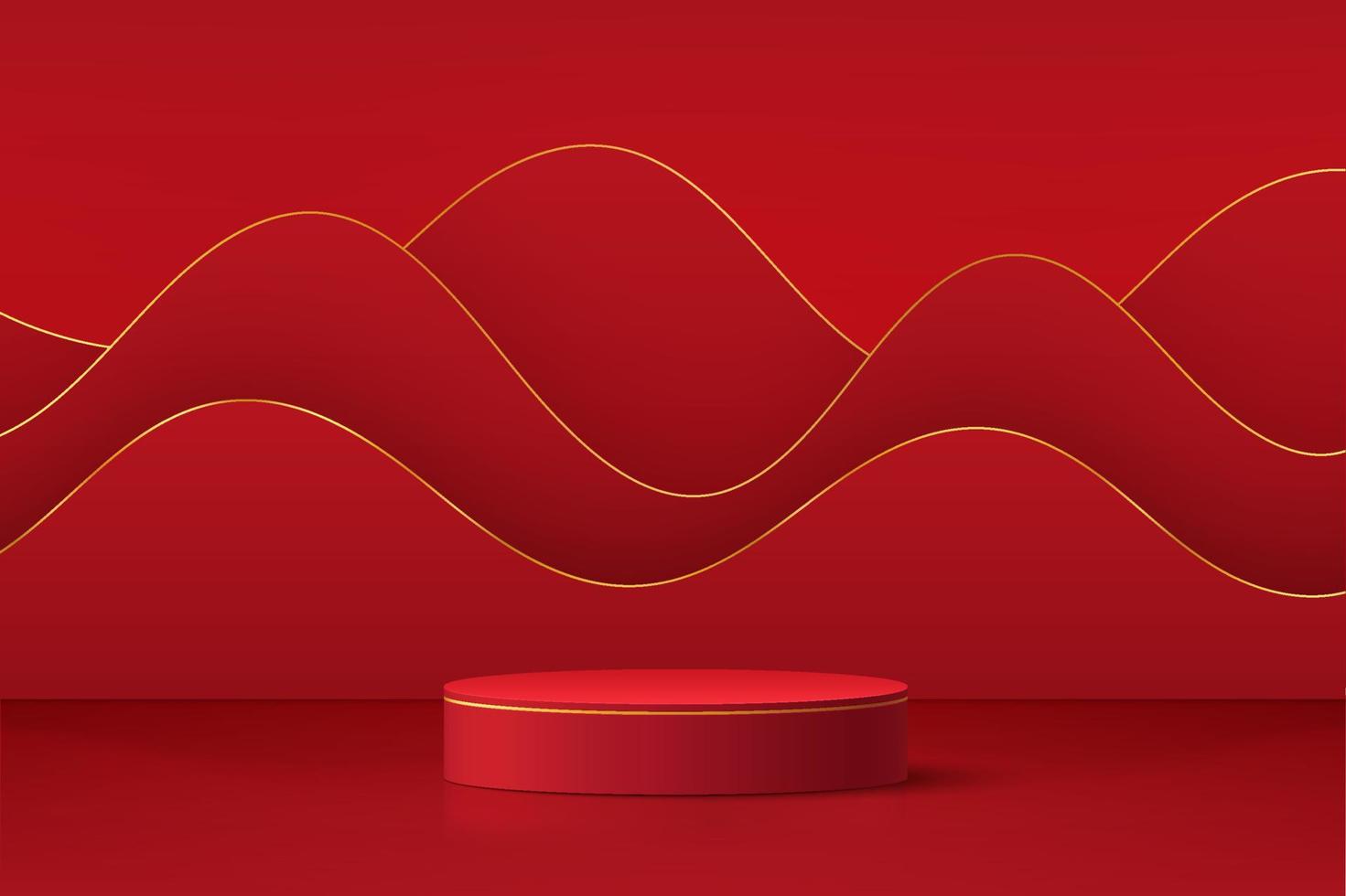 Realistic red 3D cylinder pedestal podium with layers wavy shape background. Minimal scene for products showcase, Promotion display. Abstract studio room platform design. Happy lantern day concept. vector