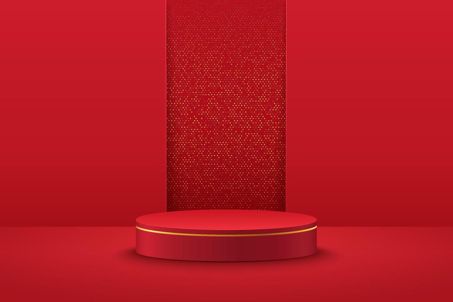 Abstract vector rendering 3d shape for placing the product with copy space. Modern red and gold round podium with geometric background. Vector illustration