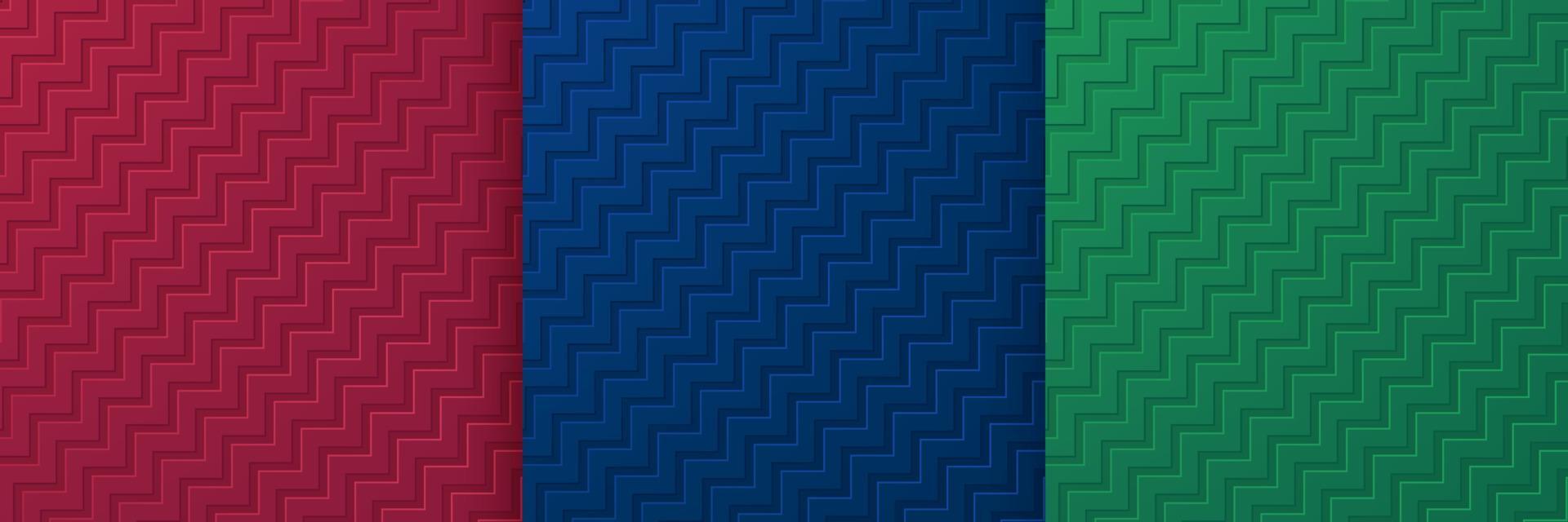 Set of 3D serrated lines texture on dark red, blue and green background. Collection of modern zigzag line templates in trendy color design. Minimal wavy line  pattern background. Vector illustration