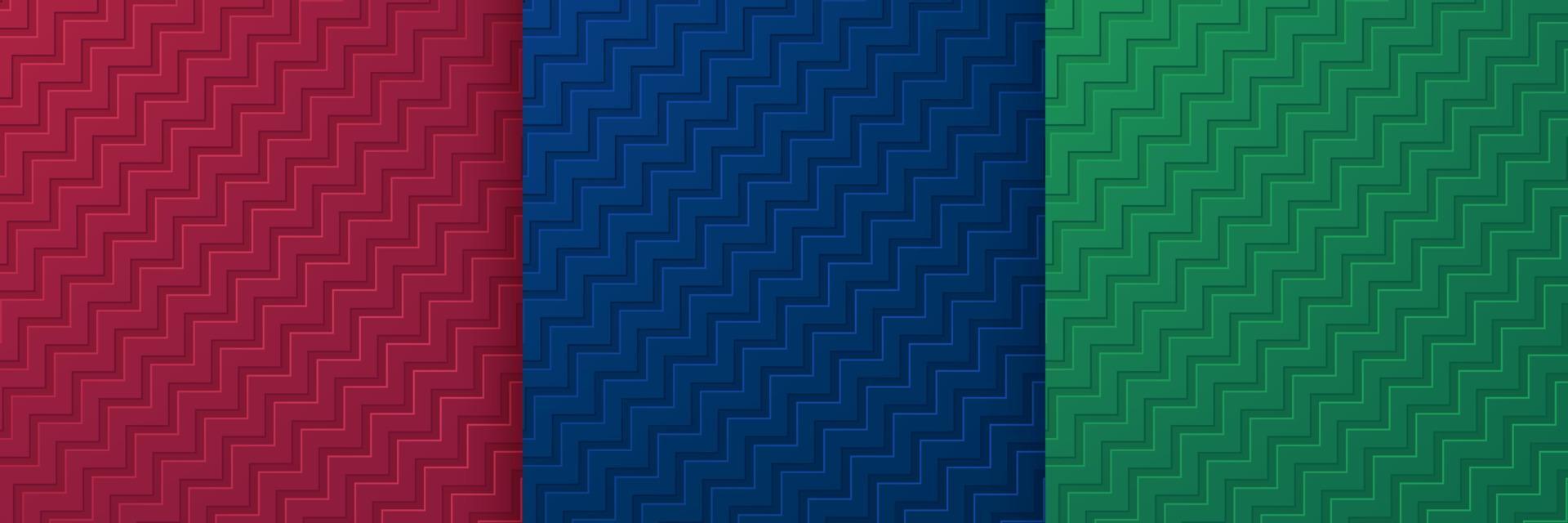 conjunto de textura de líneas dentadas 3d sobre fondo rojo oscuro, azul y verde. colección de plantillas de líneas en zigzag modernas en un diseño de color de moda. Fondo de patrón de línea ondulada mínima. ilustración vectorial vector