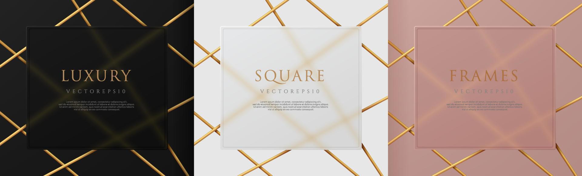 Set of white, rose gold, black squares frame with 3D golden lines overlap design. Abstract backdrop for cosmetic product. Collection of luxury geometric vector background with copy space. Top view.