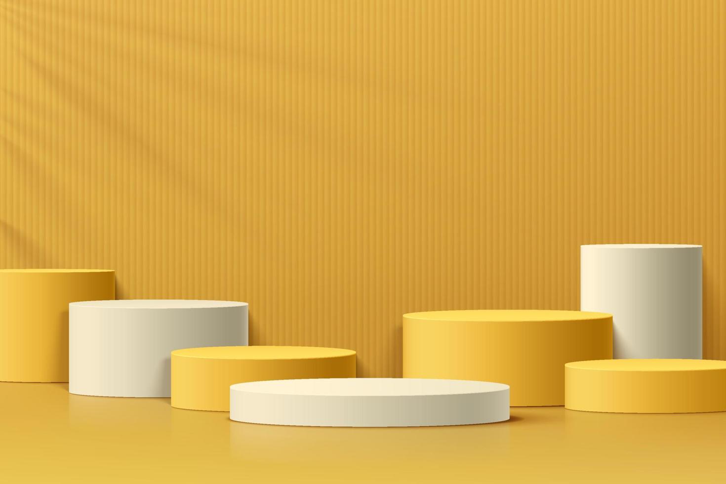 Realistic yellow and white 3D cylinder pedestal podium set with leaf shadow. Minimal scene for products showcase, Promotion display. Vector abstract studio room platform design. Stage for showcase.
