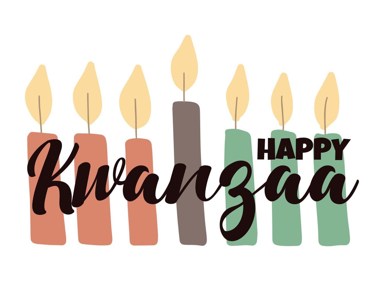 happy kwanzaa - tarjeta de felicitación con letras de guiones y velas kinara simples dibujadas a mano. banner del festival de celebración de la herencia afroamericana vector