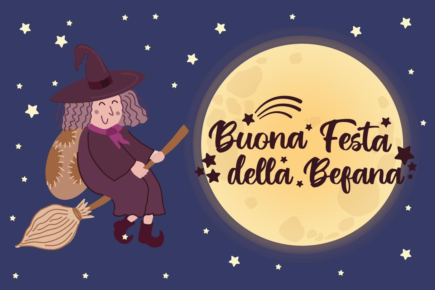 buona festa della befana - traducción al italiano - letras de epifanía feliz decoradas con estrellas y símbolos de cometas. linda bruja befana tradición epifanía navideña personaje en italia volando en escoba vector