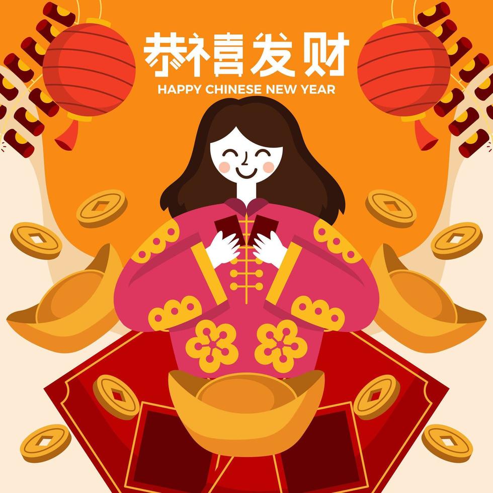 Woman Character with Red Packet in Chinese New Year Concept vector