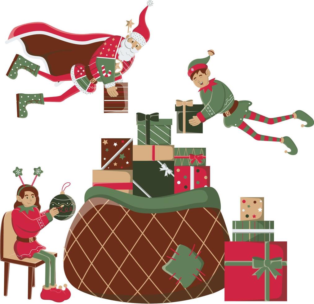 Santa and the elves collects a big bag of gifts vector
