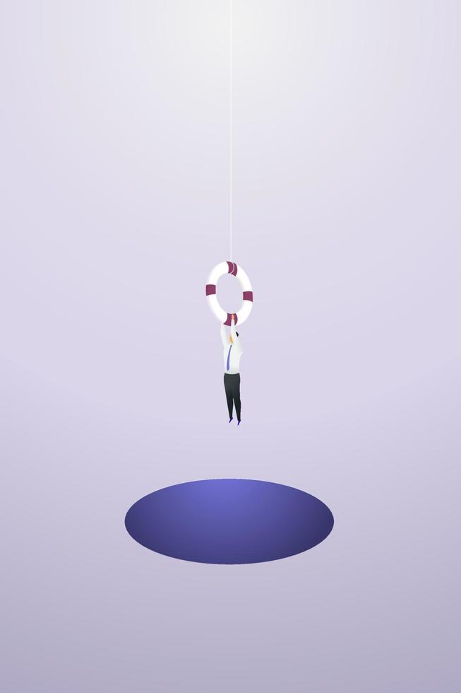 Businessman gets a lifebuoy pulled from a pit. vector