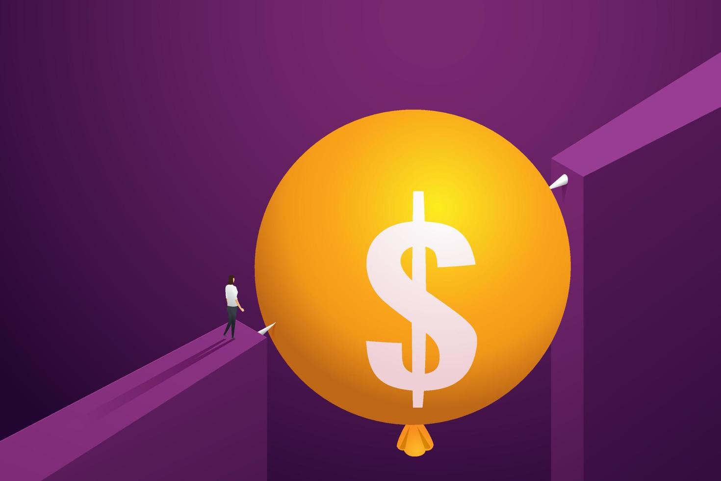 Businesswoman looks US dollar symbol on balloon near needle that is ready to burst. vector