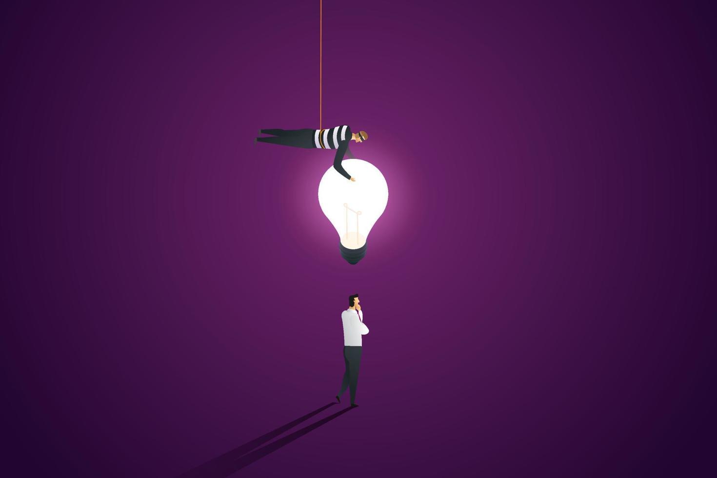 Thief in black floated down and picked up light bulb. vector