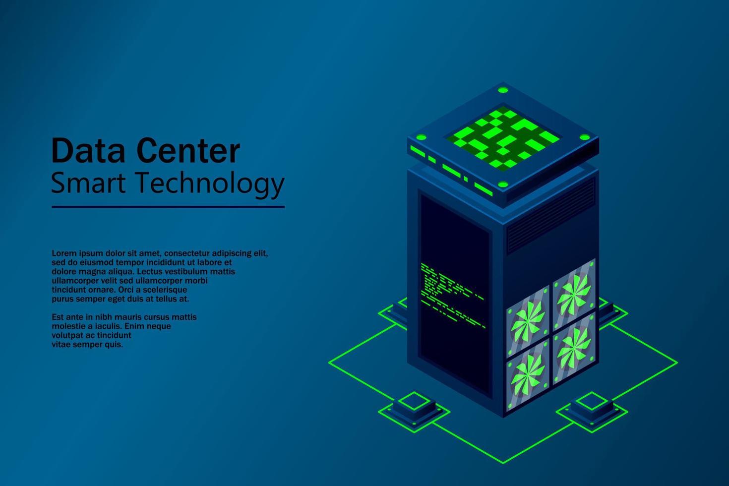 Data center with server racks isometric. Internet network equipment, smart technology, cloud database sign, computer technology vector illustration.