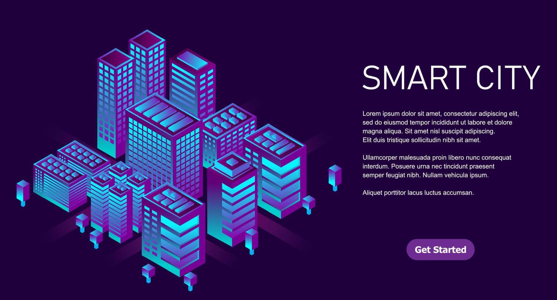 Smart city in a futuristic style. Isometric smart city illustration. Intelligent buildings. Business center with skyscrapers and intelligent buildings vector