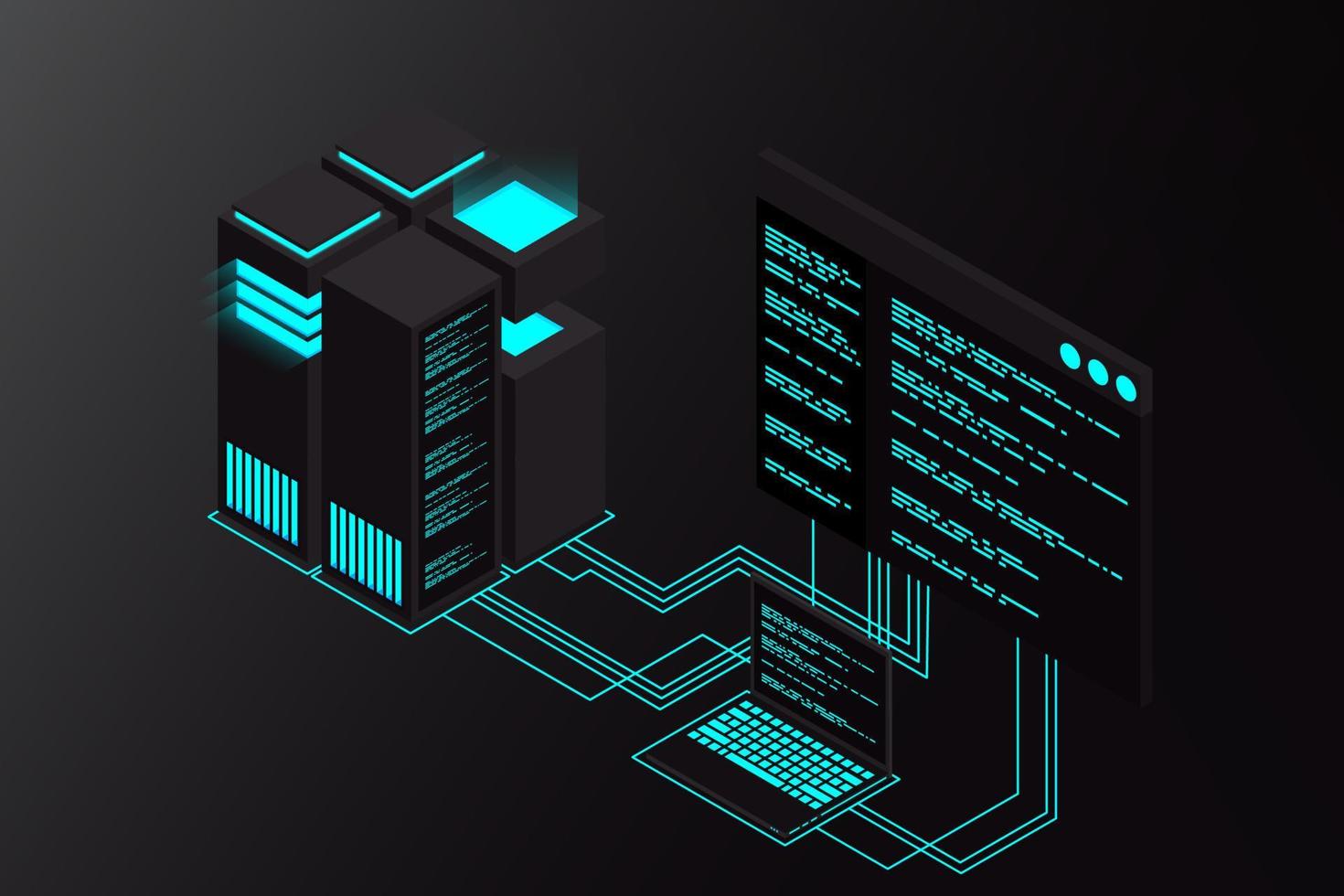 Isometric Data center. 3d isometric concept big data center with server. Creative vector illustration of server rack room. High technology vector illustration.