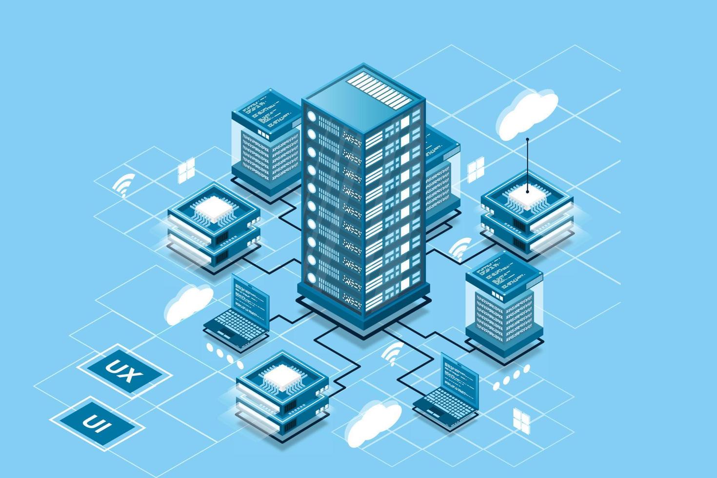 Concept of data network management . Vector isometric map with business networking servers computers and devices. Cloud storage data and synchronization of devices. Vector illustration