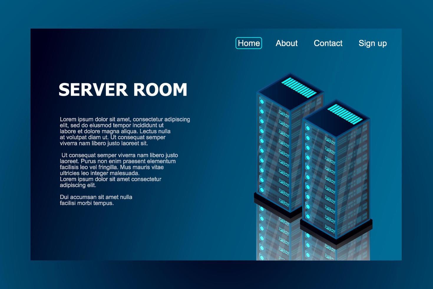 Isometric server room. Futuristic technology of data protection and processing. Mainframe, powered server, high technology concept, data center. Vector illustration