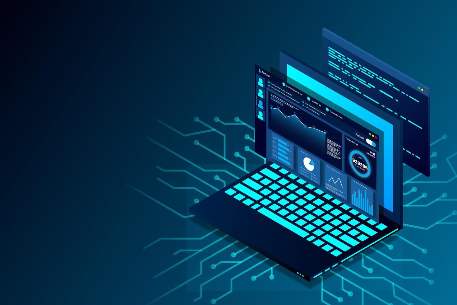 Web design and development vector isometric illustrations. web design development concept programming language program code big data processing on laptop screen. Vector illustration