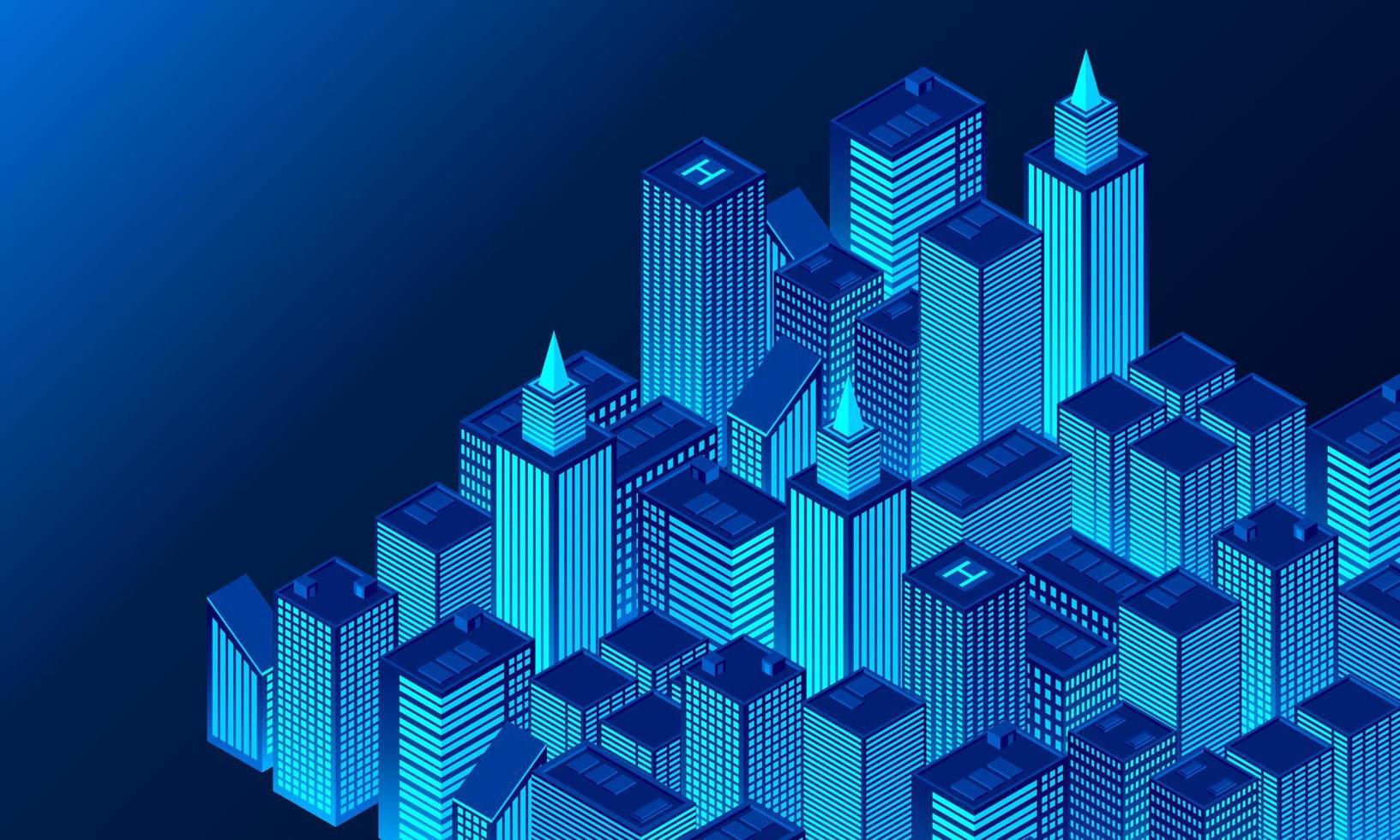 Smart city in a futuristic style. Isometric smart city illustration. Intelligent buildings. Business center with skyscrapers and intelligent buildings vector