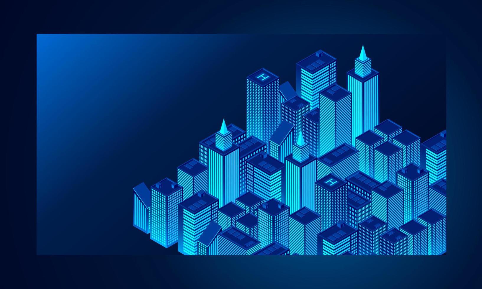 Smart city in a futuristic style. Isometric smart city illustration. Intelligent buildings. Business center with skyscrapers and intelligent buildings vector