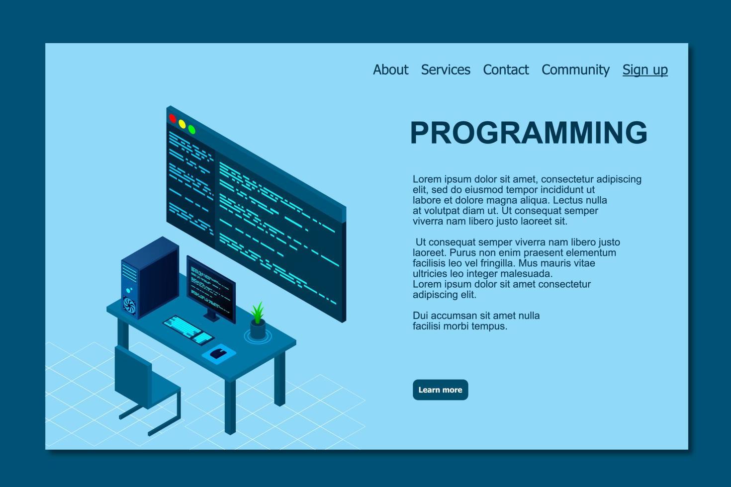 Programming or Software development web page template. Vector illustration with laptop isometric view and program code on screen. Programming concept. vector illustration