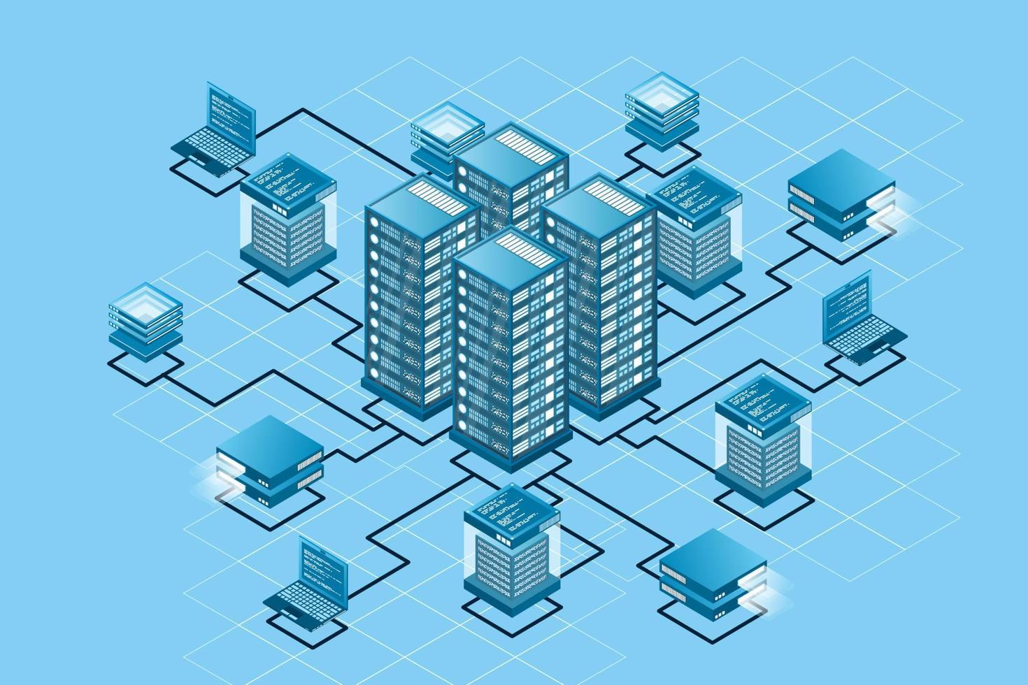 Concept of data network management . Vector isometric map with business networking servers computers and devices. Cloud storage data and synchronization of devices. Vector illustration