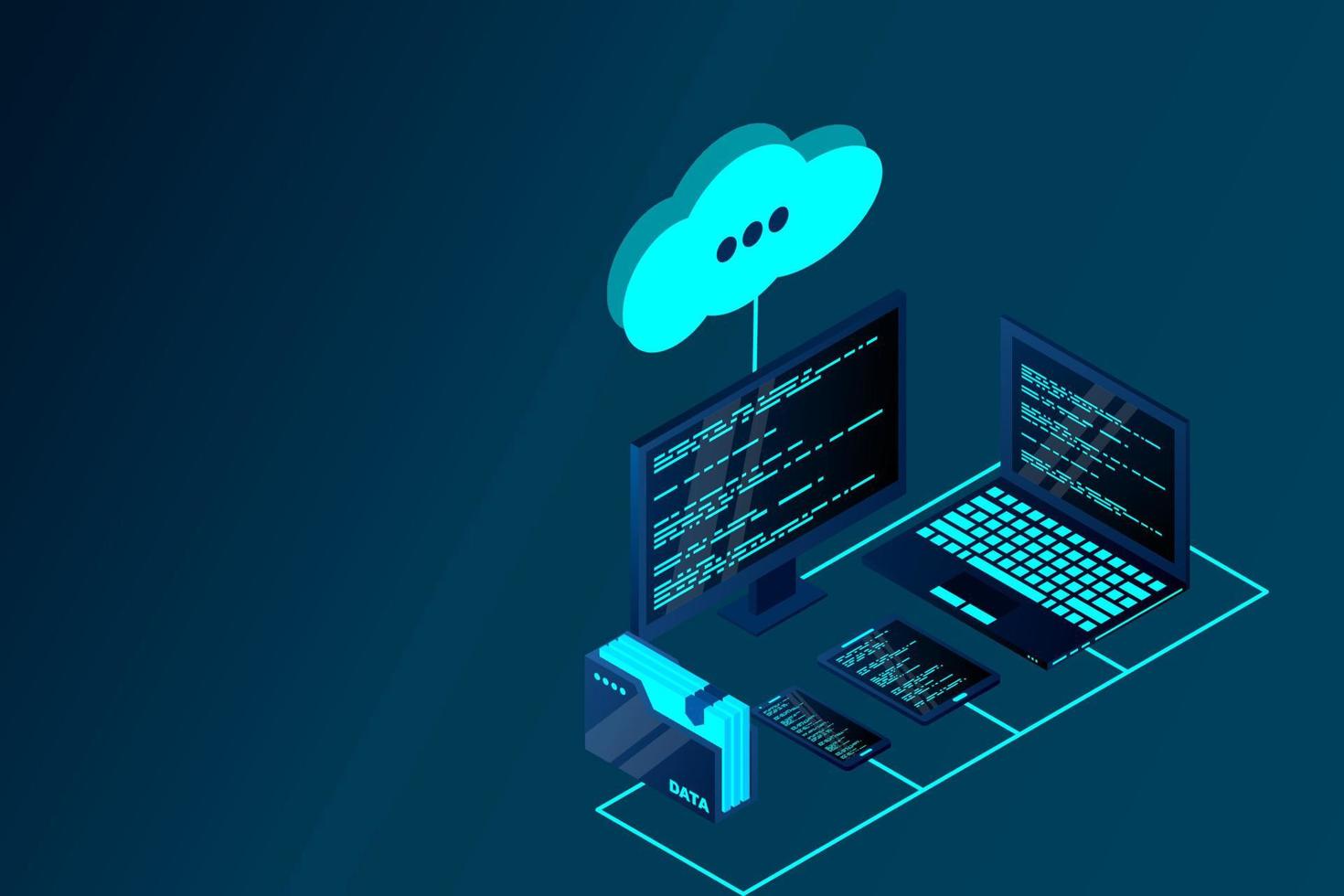 Vector 3d isometric illustration network with computer, laptop, tablet, and smartphone. Cloud storage 3d isometric technology concept. Isometric cloud technology with cloud. Modern cloud technologies.