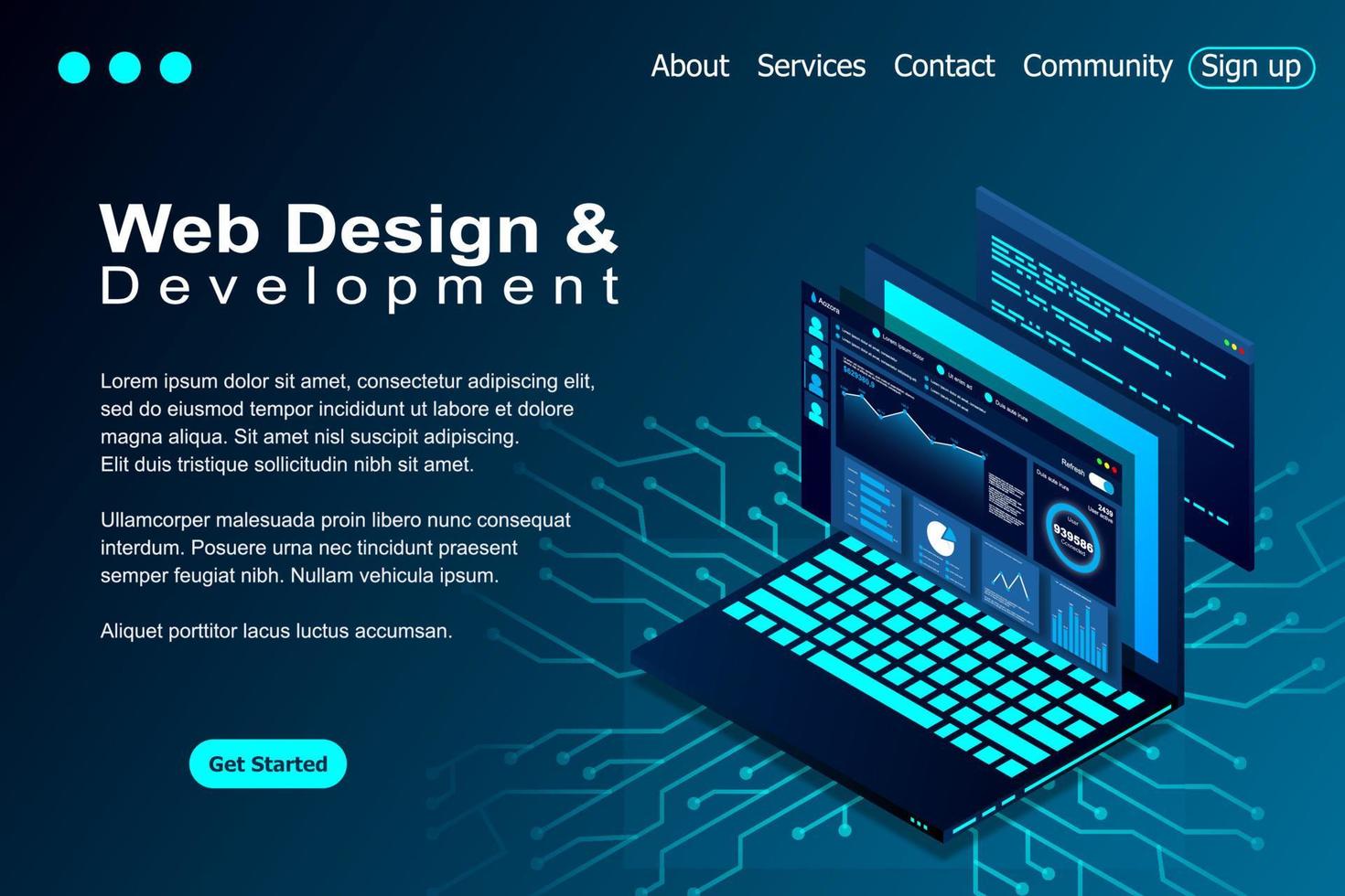 Web design and development vector isometric illustrations. web design development concept programming language program code big data processing on laptop screen. Vector illustration