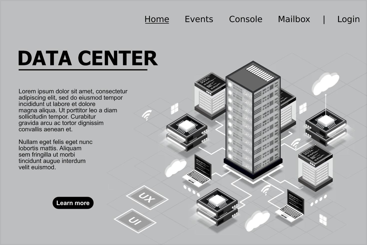 icono isométrico de tecnología informática, sala de servidores, conjunto de dispositivos digitales, elemento de diseño, computadora portátil, servidor, almacenamiento en la nube, ilustración vectorial vector