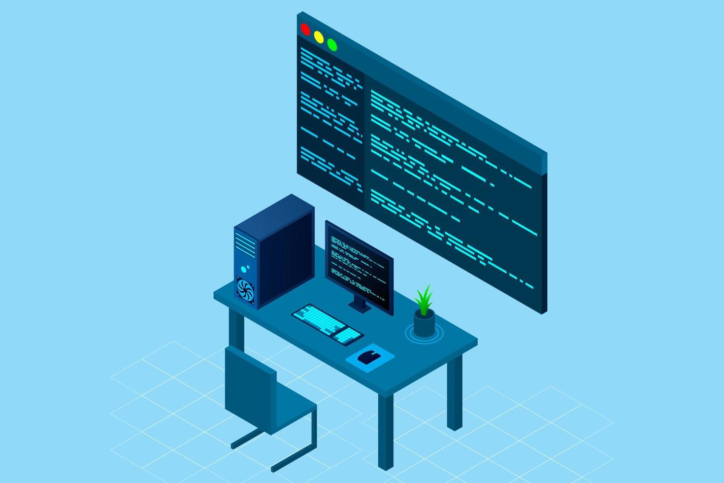 plantilla de página web de programación o desarrollo de software. ilustración vectorial con vista isométrica de computadora portátil y código de programa en pantalla. concepto de programación. ilustración vectorial vector