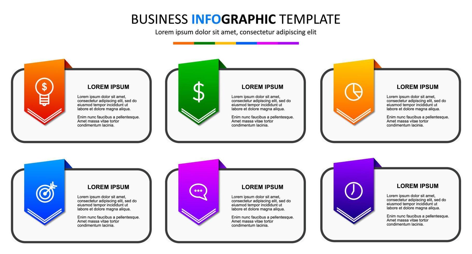 plantilla de infografía vectorial con seis pasos u opciones. seis elementos gráficos coloridos. Disposición de diseño infográfico. El diseño de concepto de negocio se puede utilizar para web, folleto, diagrama. vector