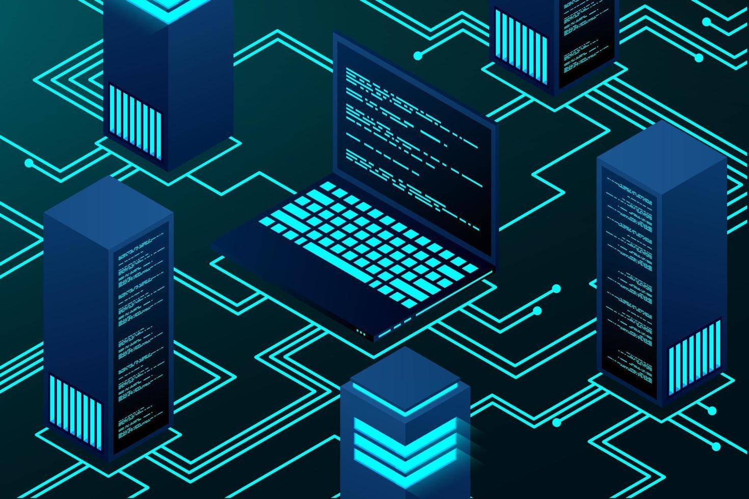 Isometric blockchain technology landing page. Cryptocurrency and blockchain isometric composition. Bitcoin trading. Global cryptocurrency blockchain data transfer concept. vector